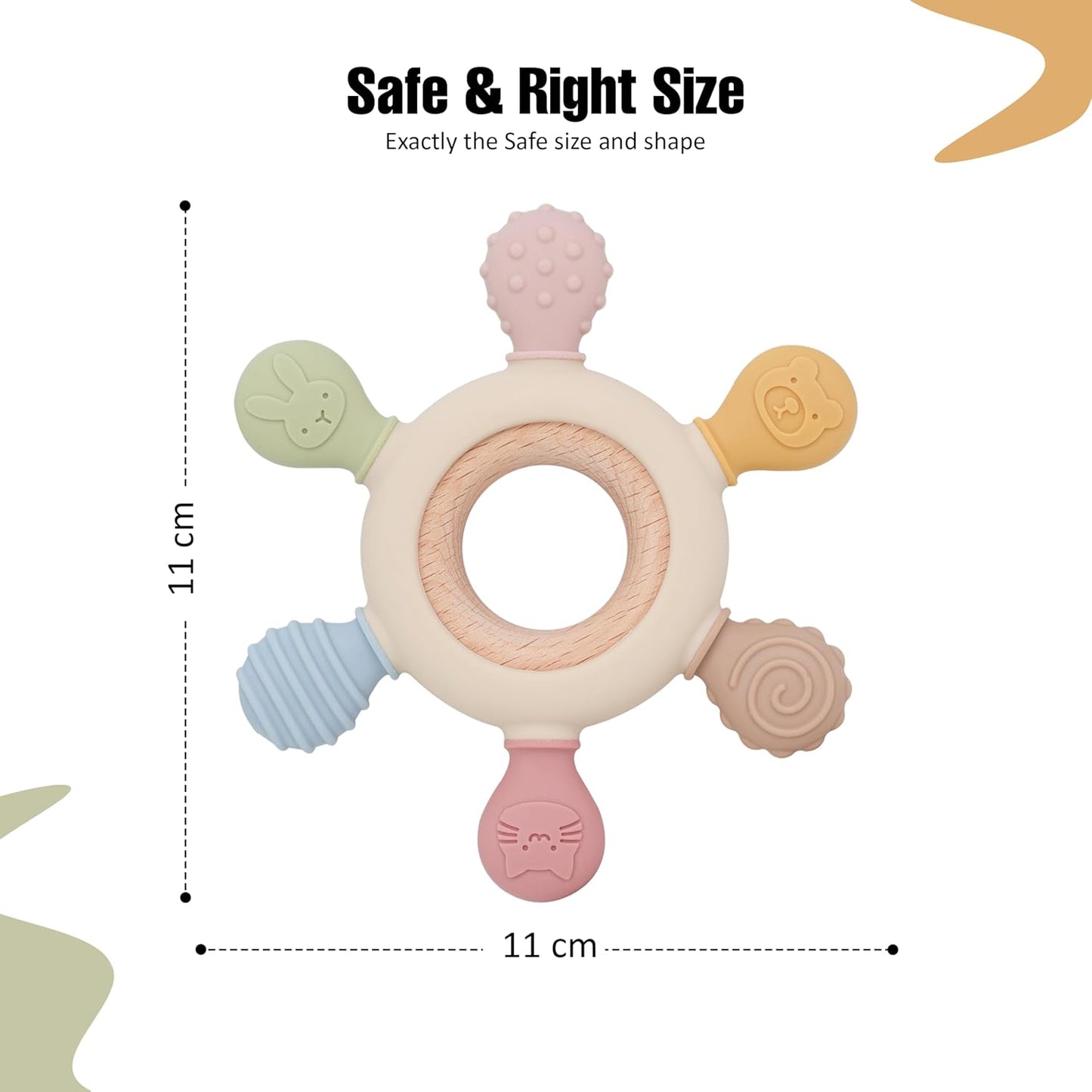 Lyrovo Silicon & Wood Teether for 3+ Months Baby, BPA Free, Beige, infants