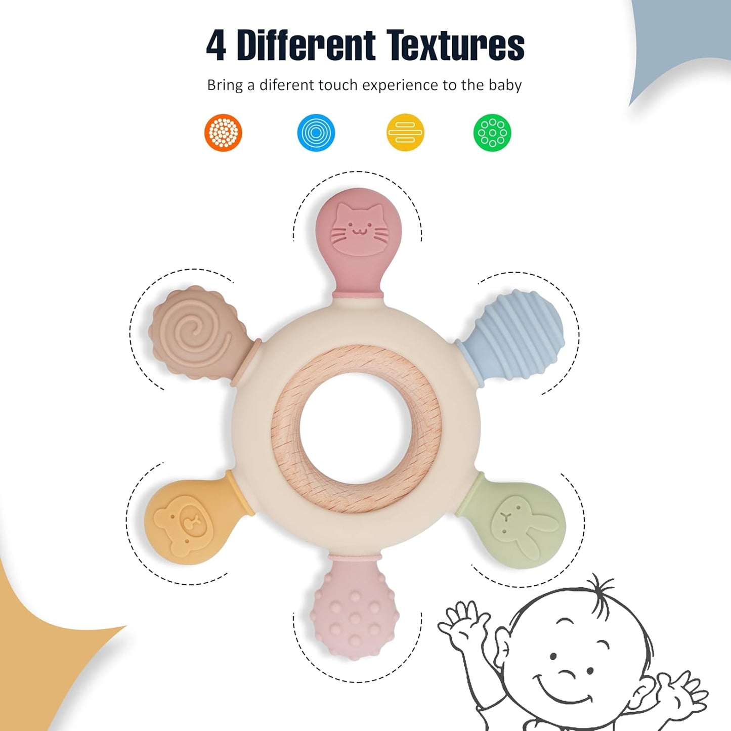 Lyrovo Silicon & Wood Teether for 3+ Months Baby, BPA Free, Beige, infants