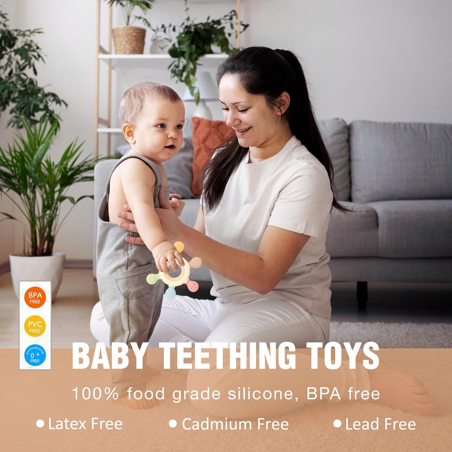 Lyrovo Silicon & Wood Teether for 3+ Months Baby, BPA Free, Beige, infants
